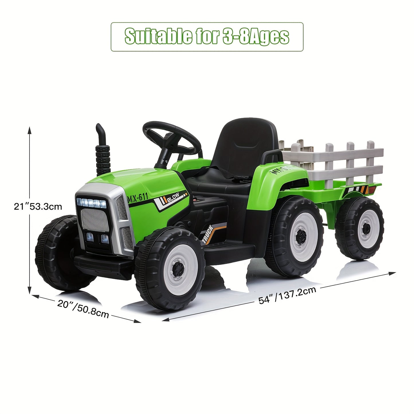 12V Green Ride-On Tractor With Trailer And Remote Control