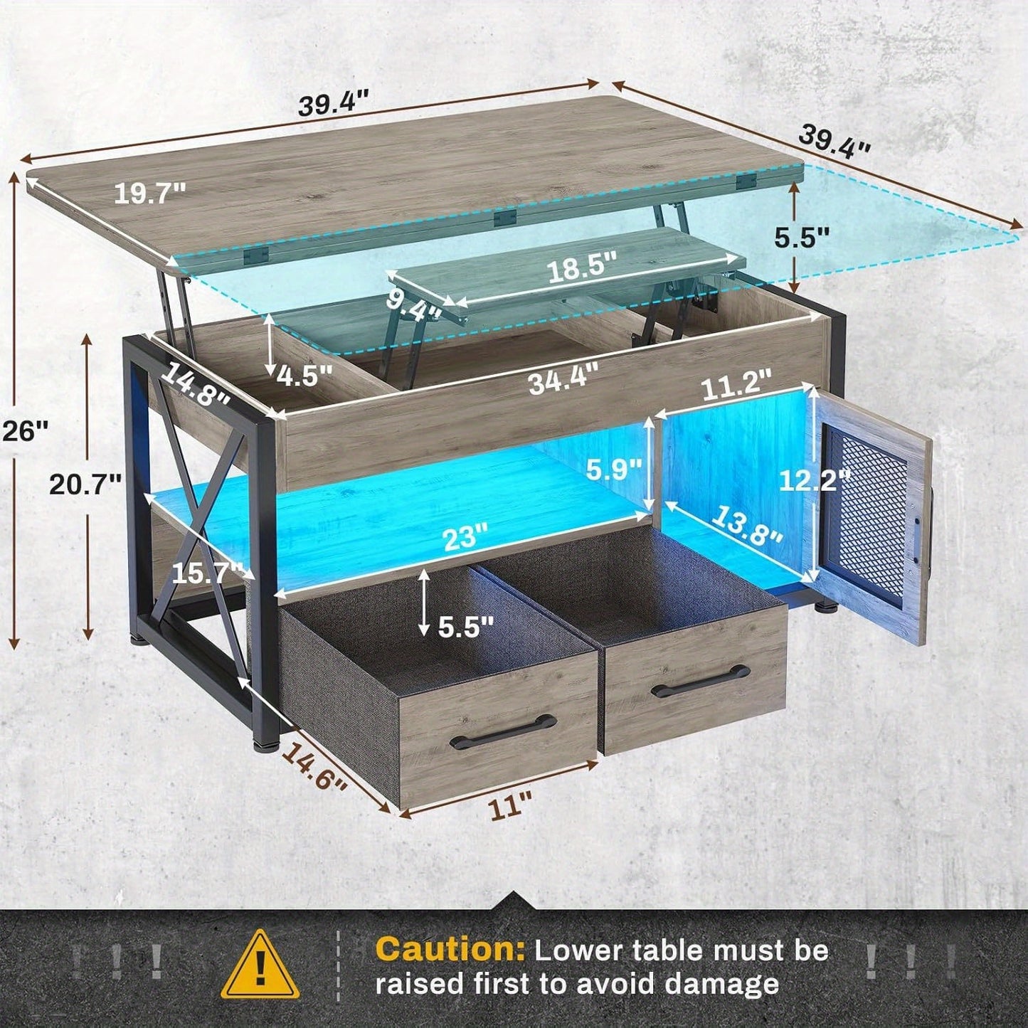 40 In Lift Top Coffee Table With Storage Drawers LED Light