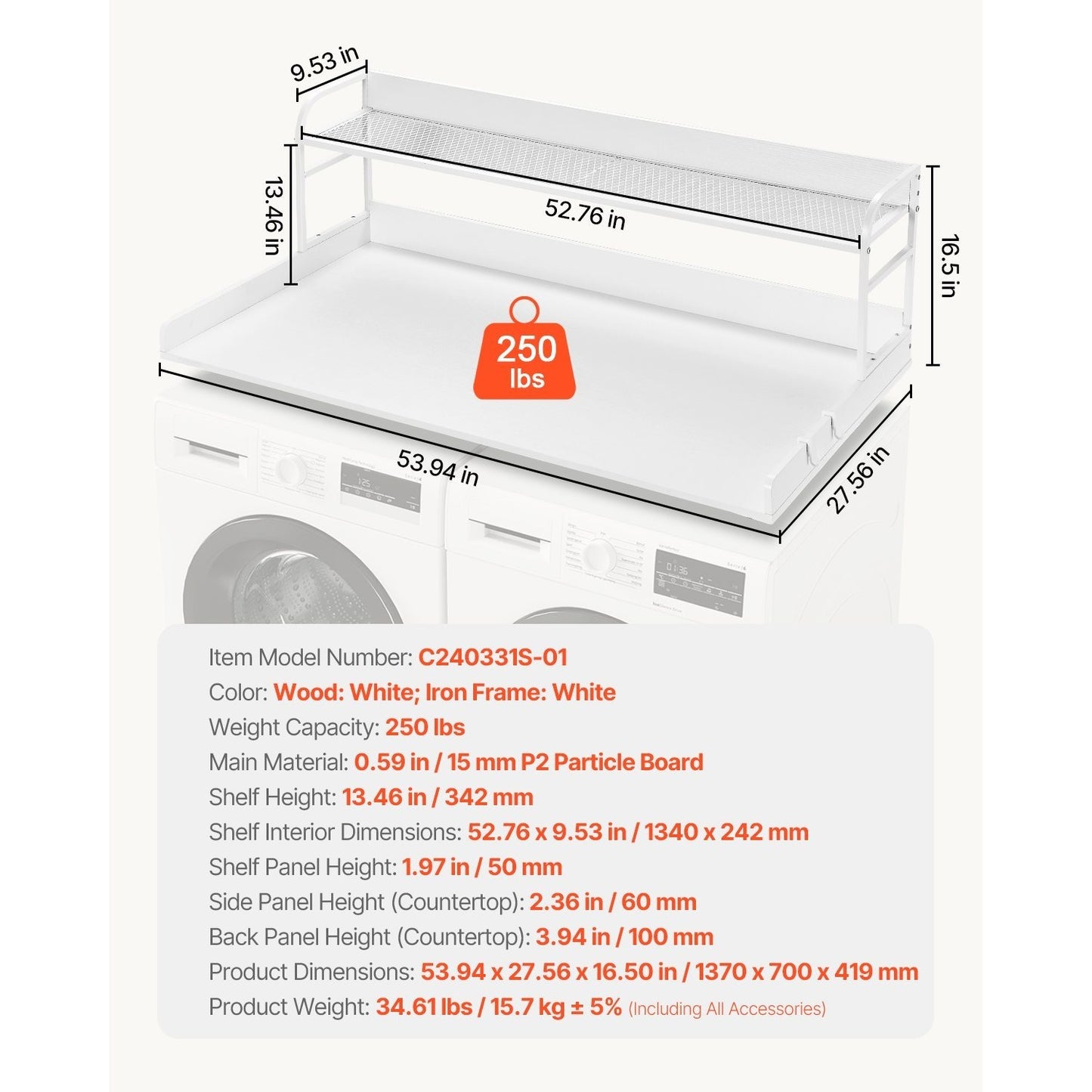 VEVOR Washer Dryer Countertop With 2 Tier Shelf Storage