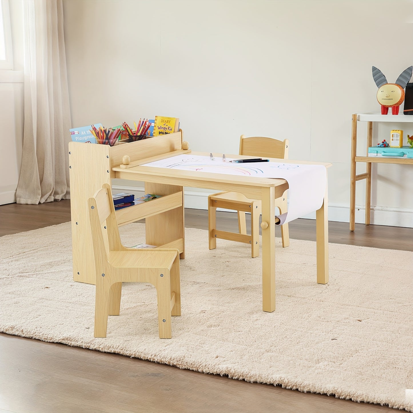 Happybuy Wooden Kids Art Table With 2 Chairs And Cabinet