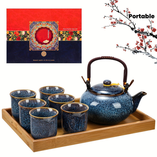 Japanese Tea Set 7 Pieces Teapot 6 Cups Tray Blue Porcelain