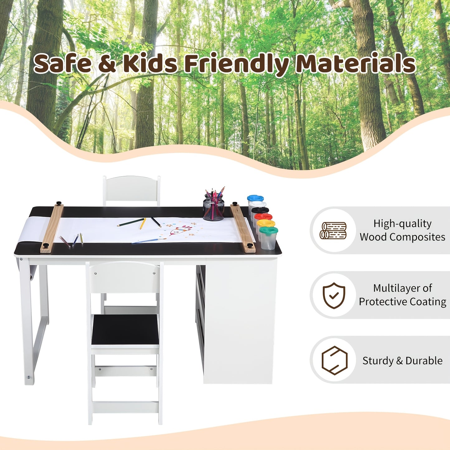 Wooden Art Table With 2 Chairs And Storage Bins For Crafts