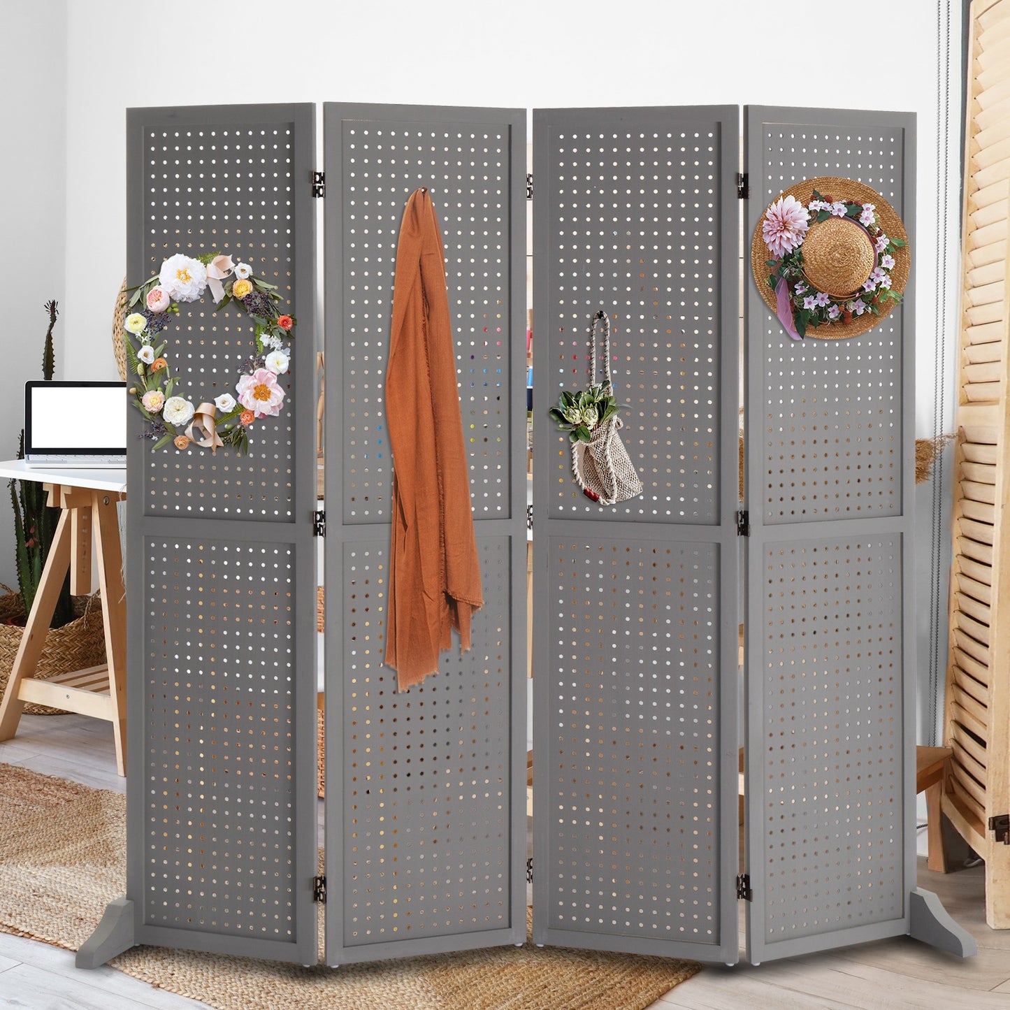 5 Ft Wood Freestanding Pegboard Room Divider Organizer