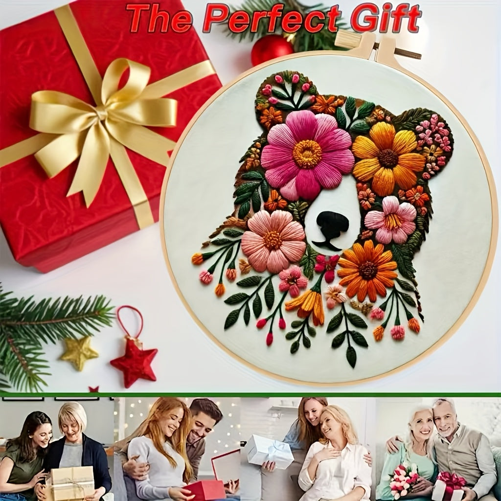Vibrant Floral Embroidery Kit Bear And Flower Black Outline