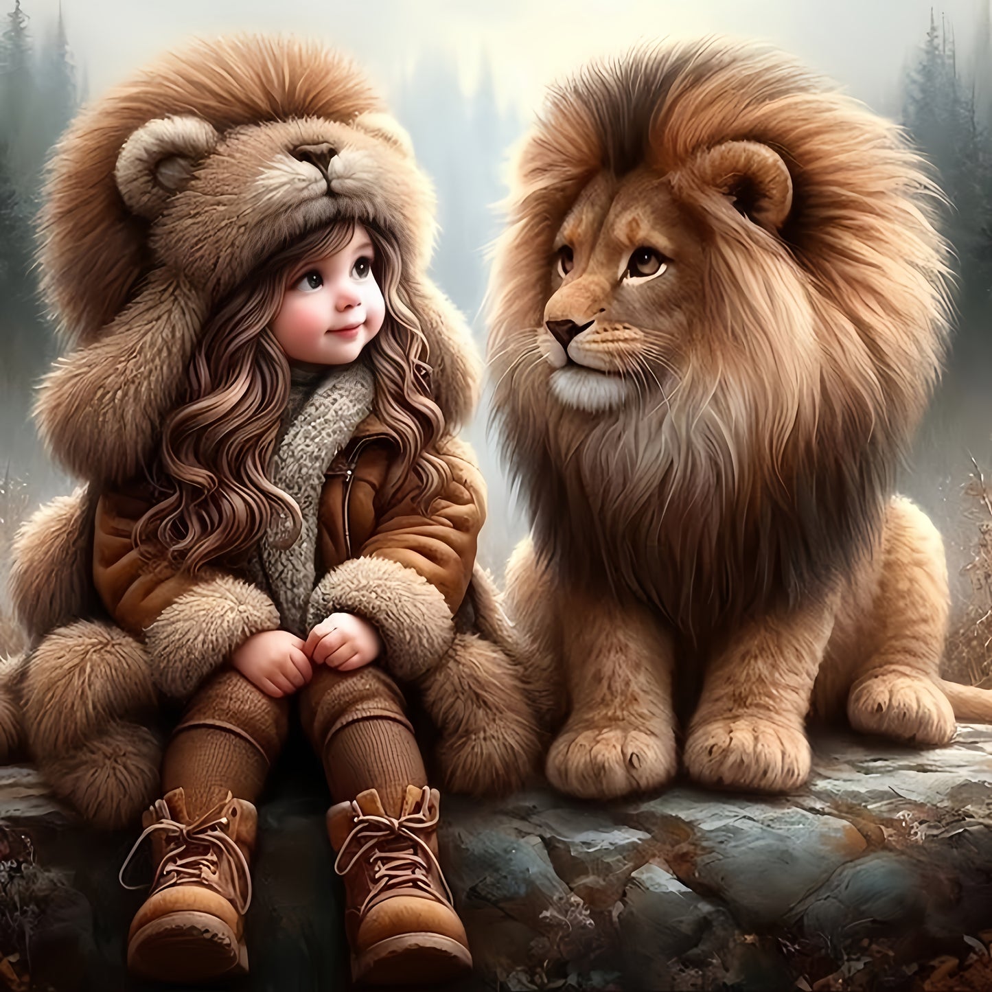 Frameless Little Girl And Her Lion Round Diamond Painting