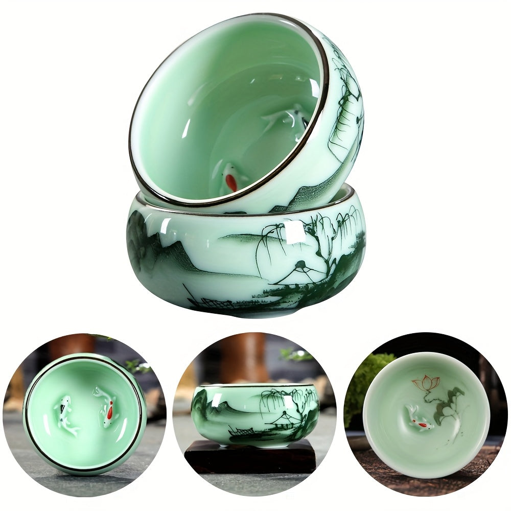 Celadon Ceramic Tea Cups Set 3pc Hand Painted Landscape