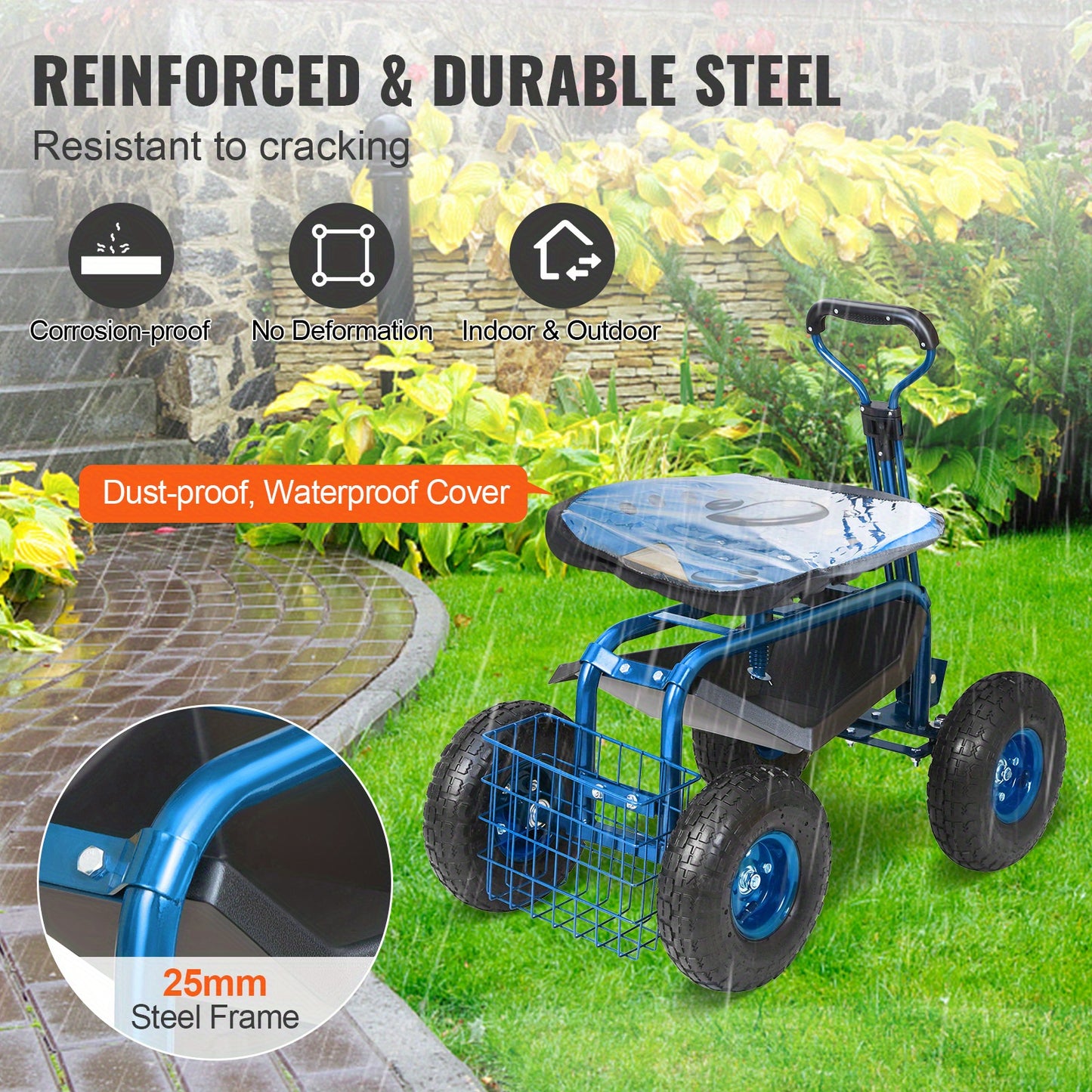 Heavy Duty Adjustable Garden Seat With Wheels Metal Frame