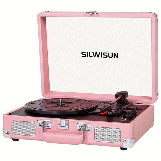 Pink Portable Bluetooth Vinyl Record Player 3 Speed Battery