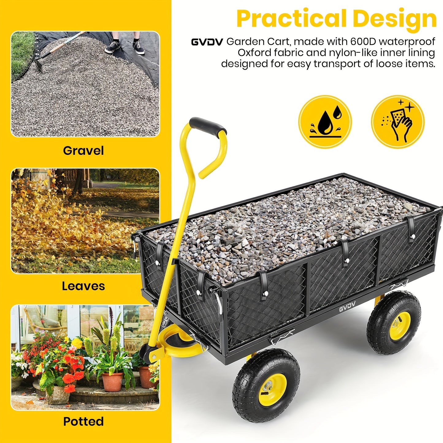 GVDV Heavy Duty Steel Garden Cart With Liner And Mesh Sides