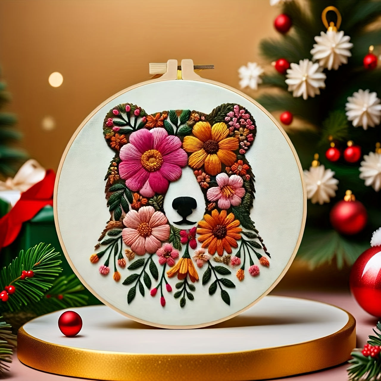 Vibrant Floral Embroidery Kit Bear And Flower Black Outline