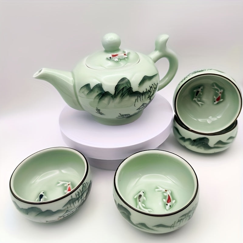 Hand Painted Modern Ceramic Carp Tea Set 5 Piece For Home