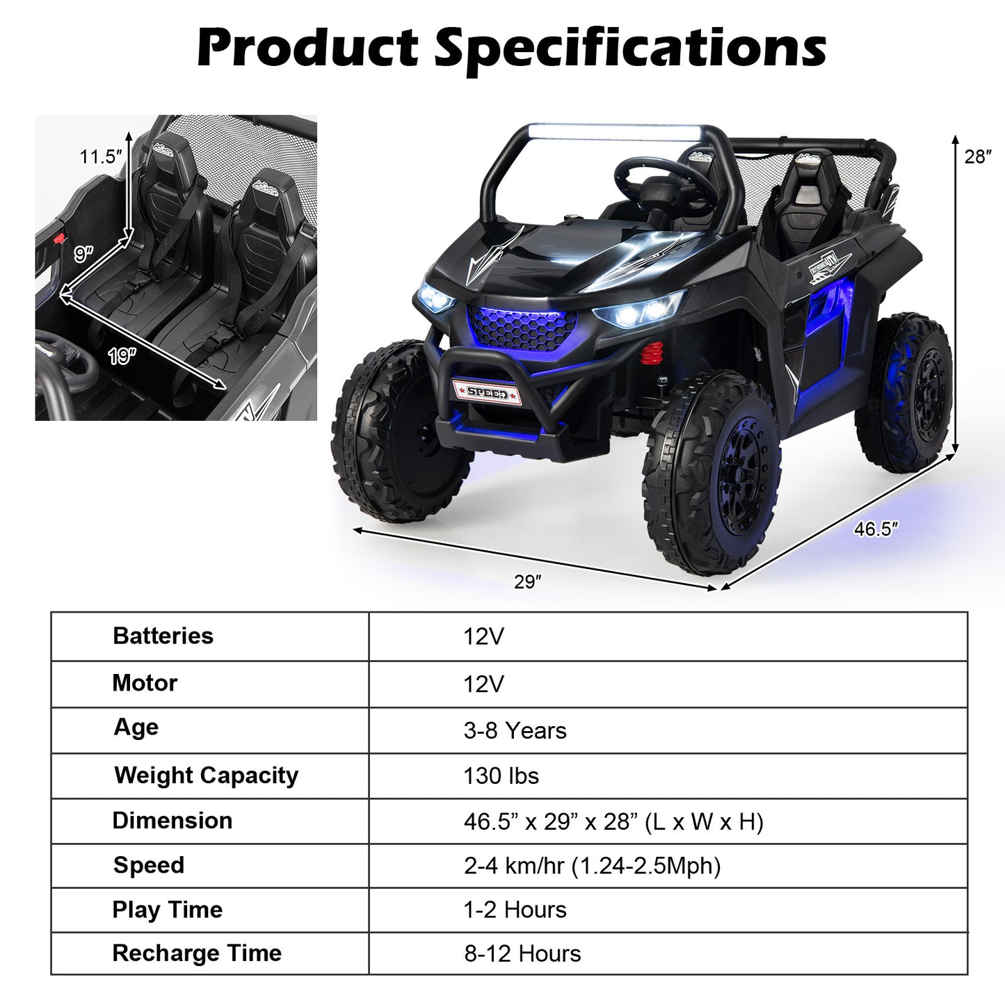COSTWAY 12V Kids Electric UTV Ride On With Remote And Lights