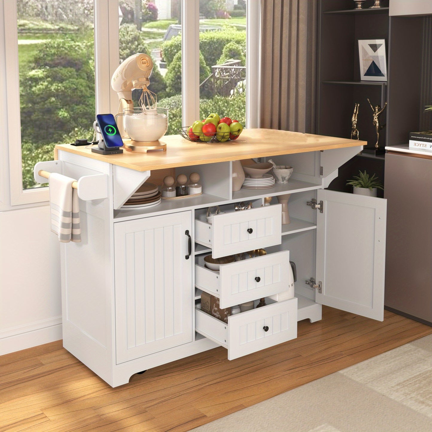 Mobile Kitchen Island With Power Outlet And Drop Leaf