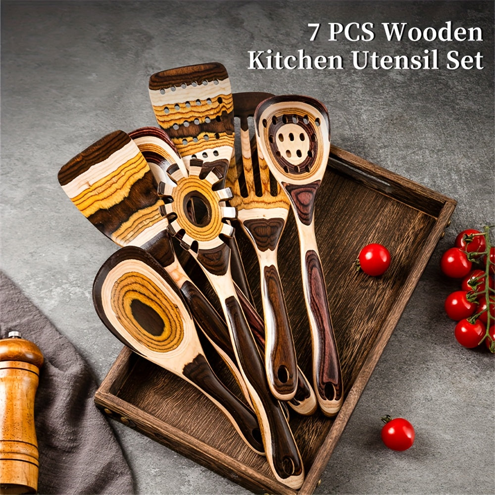 Pakkawood Spurtle Set 7Pcs Kitchen Utensils With Spoon Rest